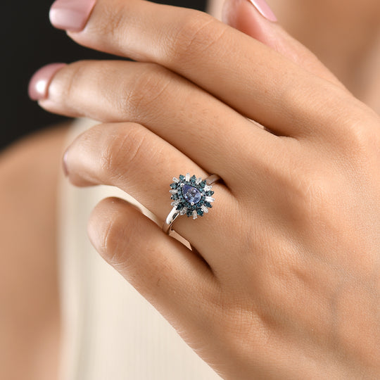 D'Joy Pfau Tansanit, Blauer Diamant Ring 925 Silber Rhodiniert (Größe 21.00) ca. 0,81 ct
