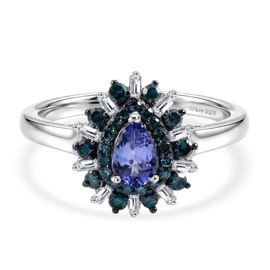 D'Joy Pfau Tansanit, Blauer Diamant Ring 925 Silber Rhodiniert (Größe 21.00) ca. 0,81 ct