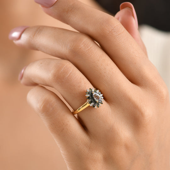 D'Joy Grüner Tansanit, Grüner Diamant Ring 925 Silber 750 Gelbgold vermeil (Größe 21.00) ca. 0,81 ct