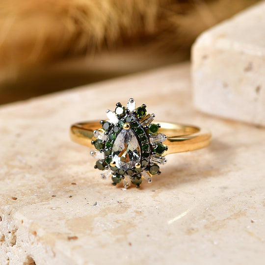 D'Joy Grüner Tansanit, Grüner Diamant Ring 925 Silber 750 Gelbgold vermeil (Größe 21.00) ca. 0,81 ct
