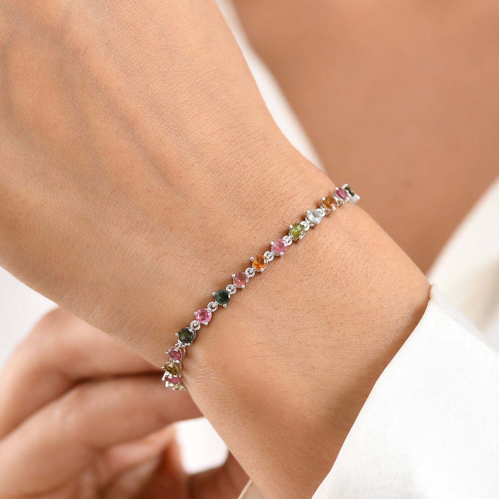 D'Joy AA Mehrfarbiges-Turmalin Armband ca. 18 cm 925 Silber Rhodiniert ca. 4,42 ct.