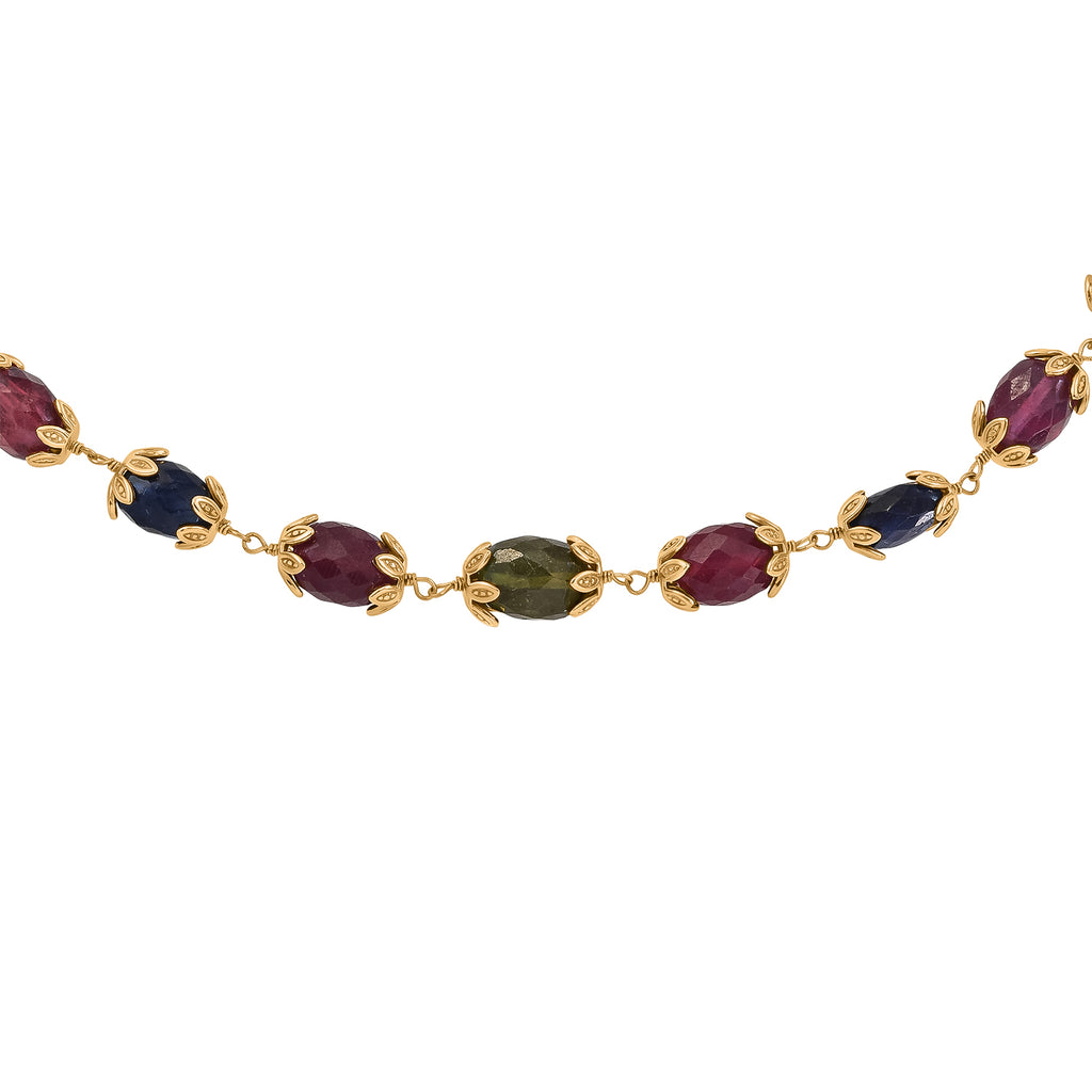 GP - Mehrfarbig Saphir Halskette ca. 45 cm 925 Silber 750 Gelbgold vermeil ca. 99,74 ct.