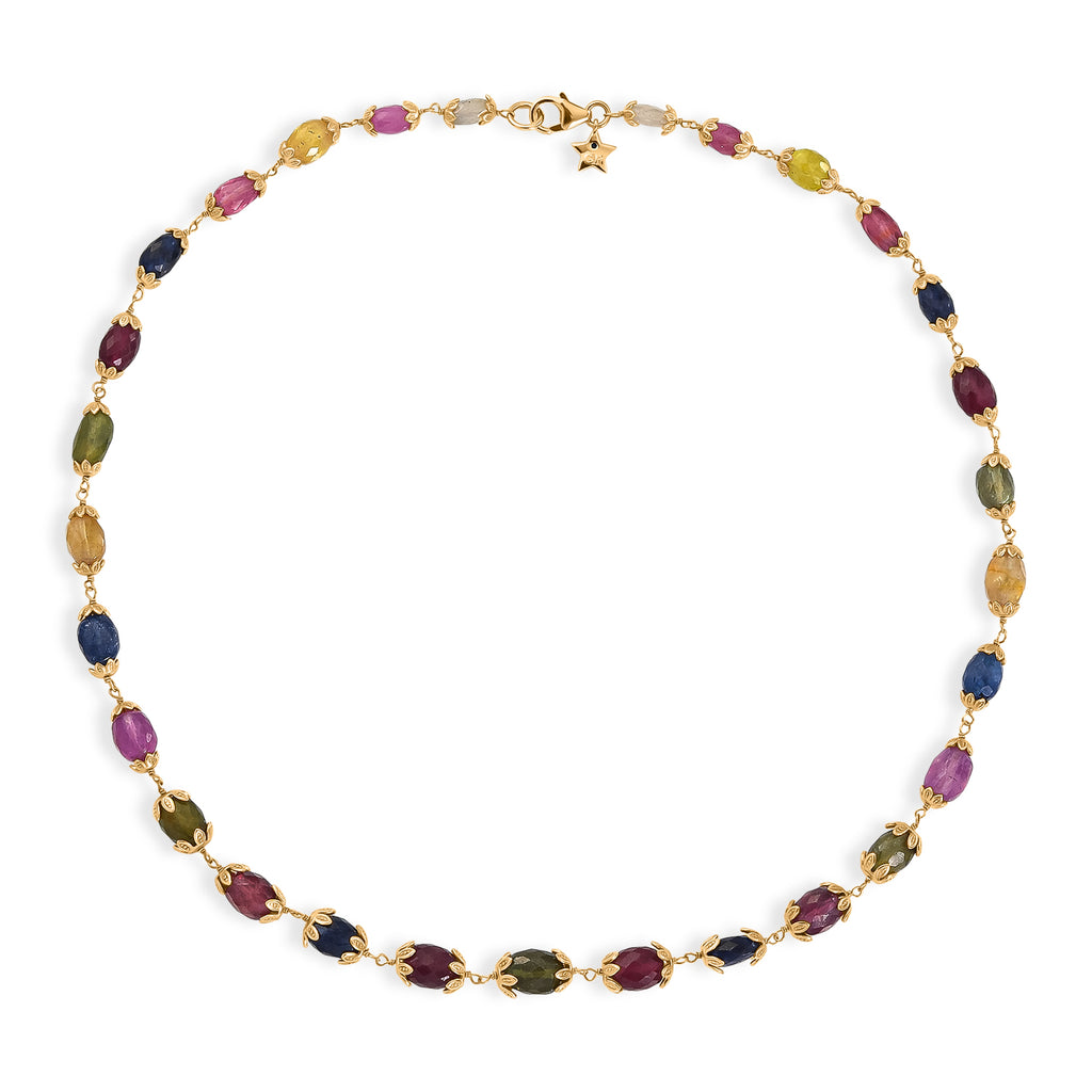 GP - Mehrfarbig Saphir Halskette ca. 45 cm 925 Silber 750 Gelbgold vermeil ca. 99,74 ct.
