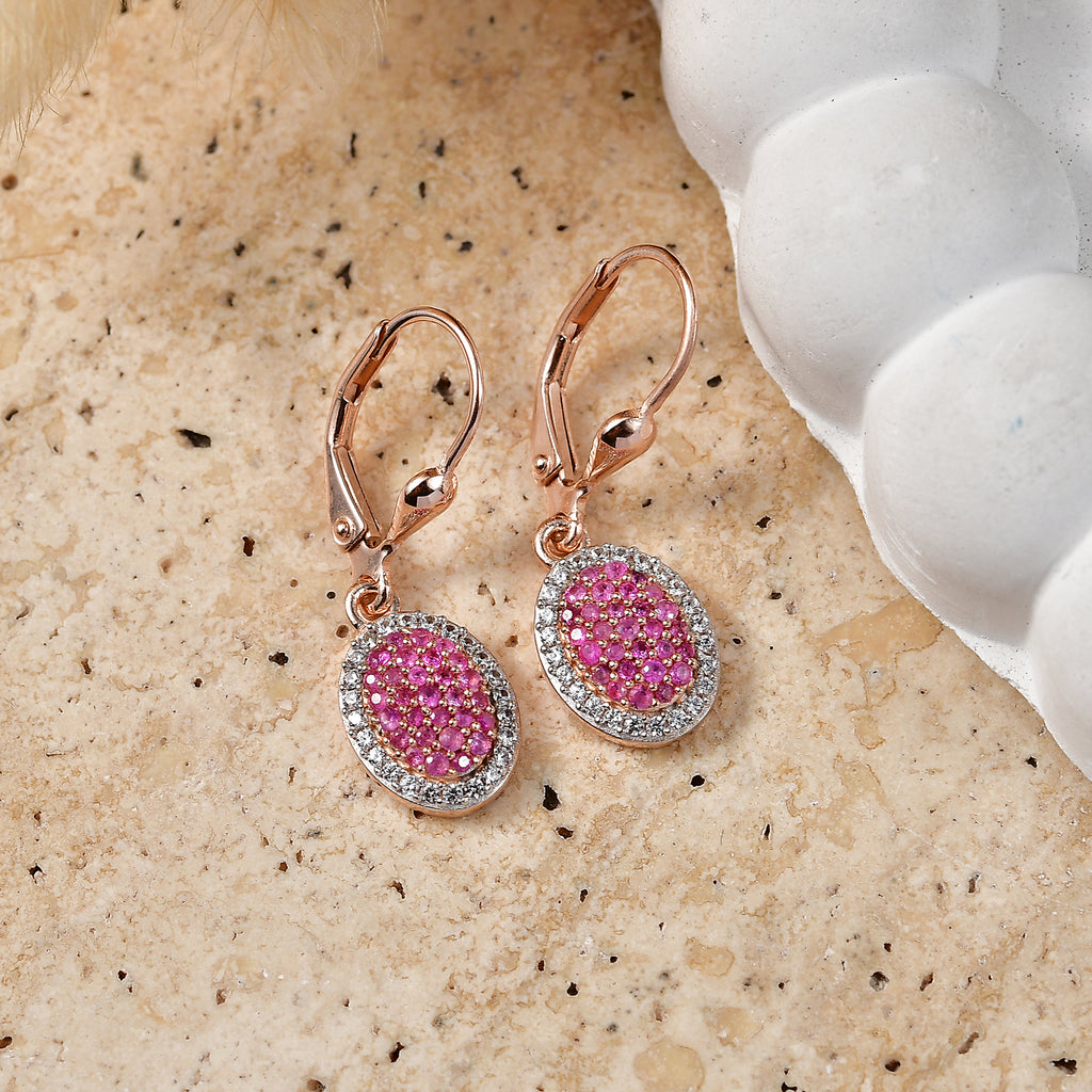D'Joy Rosa Saphir, Weißer Zirkon Ohrringe 925 Silber 750 Roségold vermeil ca. 0,95 ct.