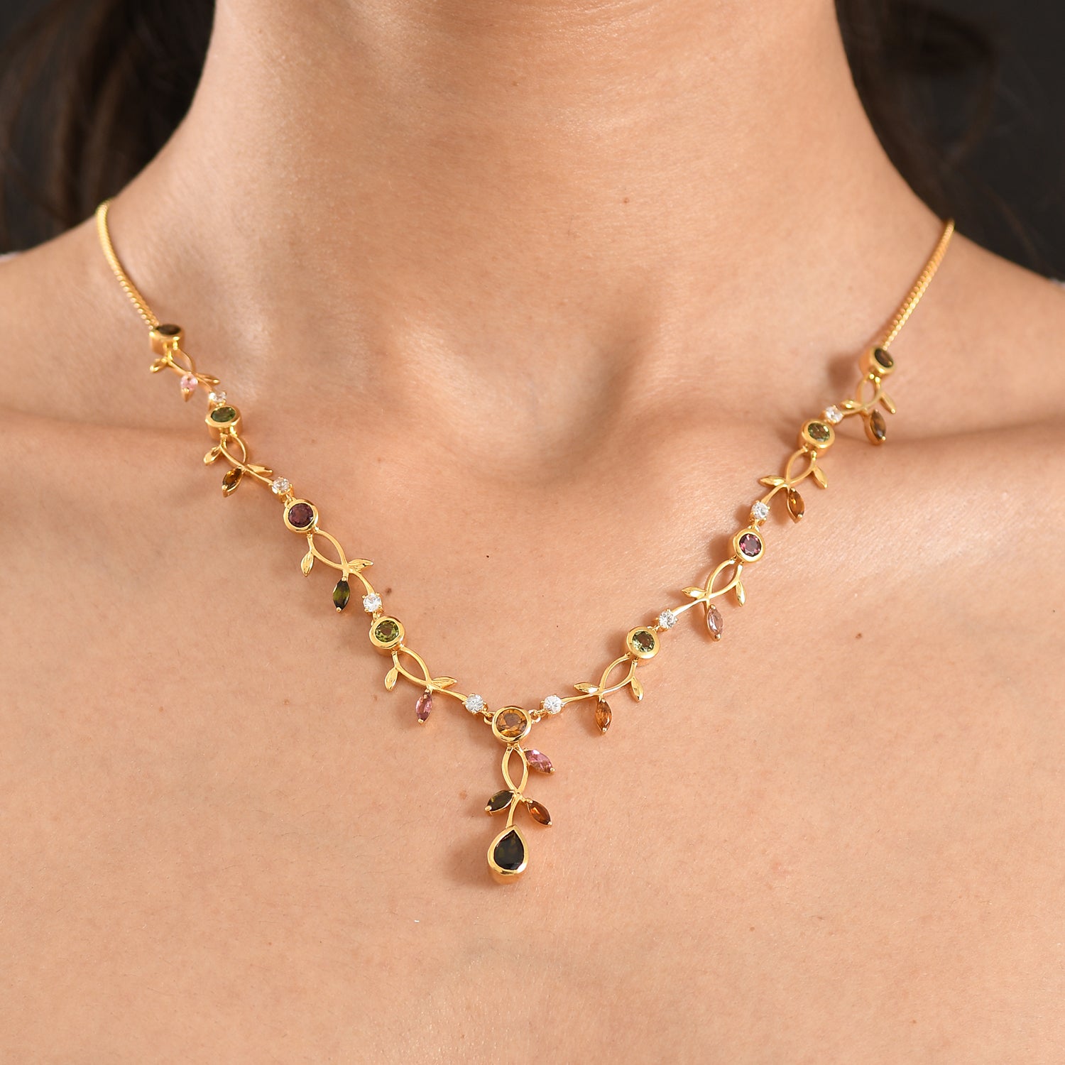 D'Joy AA Mehrfarbig-Turmalin Halskette ca. 45 cm + 5 cm Extender, 925 Silber 750 Gelbgold vermeil ca. 5,38 ct.