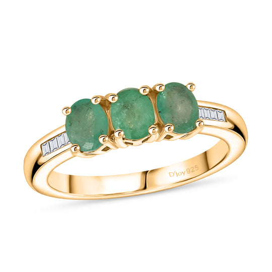D'Joy AAA Kagem Sambischer Smaragd, Weißer Diamant Ring 925 Silber 750 Gelbgold vermeil (Größe 17.00) ca. 1,23 ct