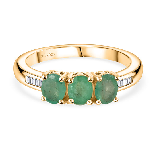 D'Joy AAA Kagem Sambischer Smaragd, Weißer Diamant Ring 925 Silber 750 Gelbgold vermeil (Größe 17.00) ca. 1,23 ct