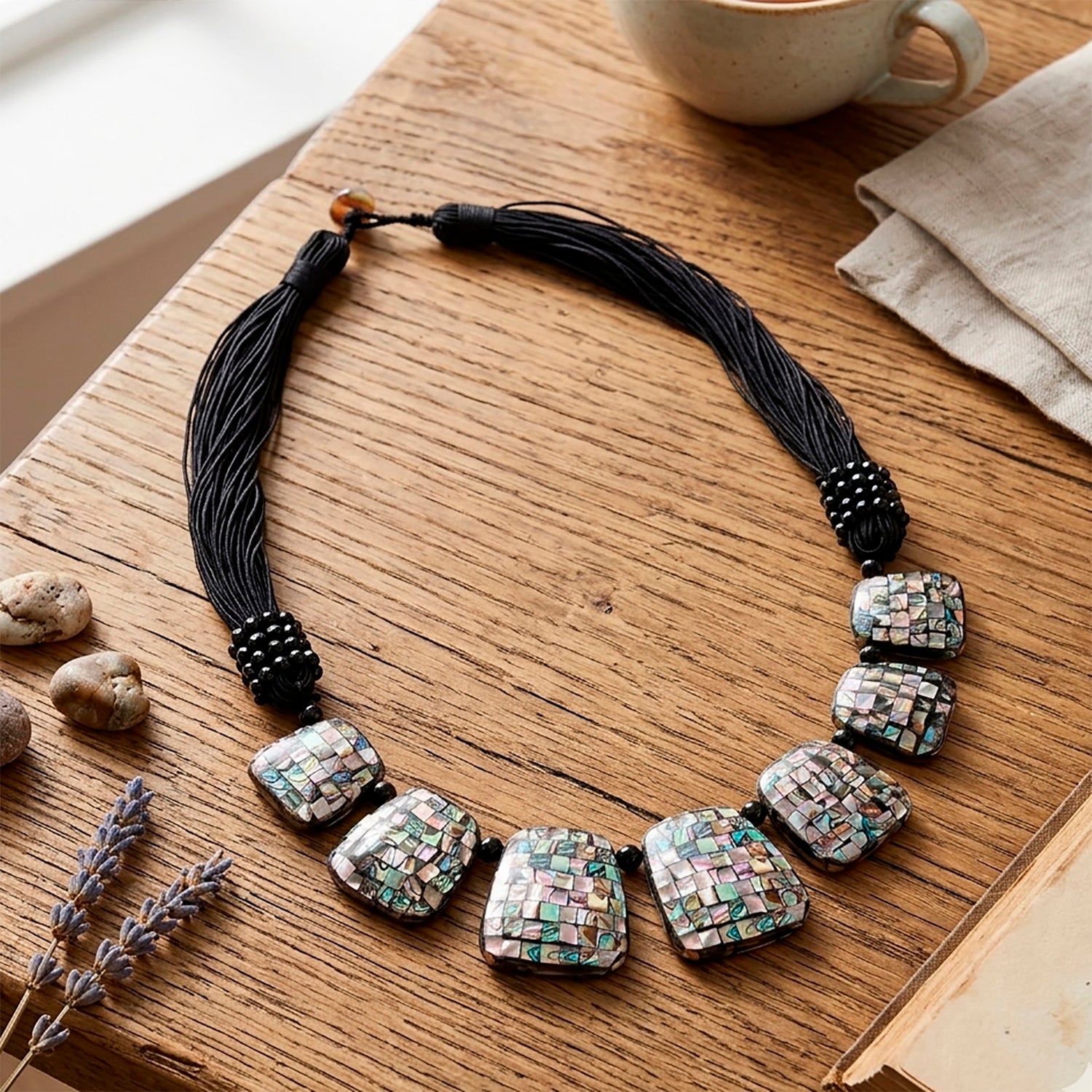 Schwarzer Achat, Abalone Muschel Halskette 50 cm ca. 24.01 ct