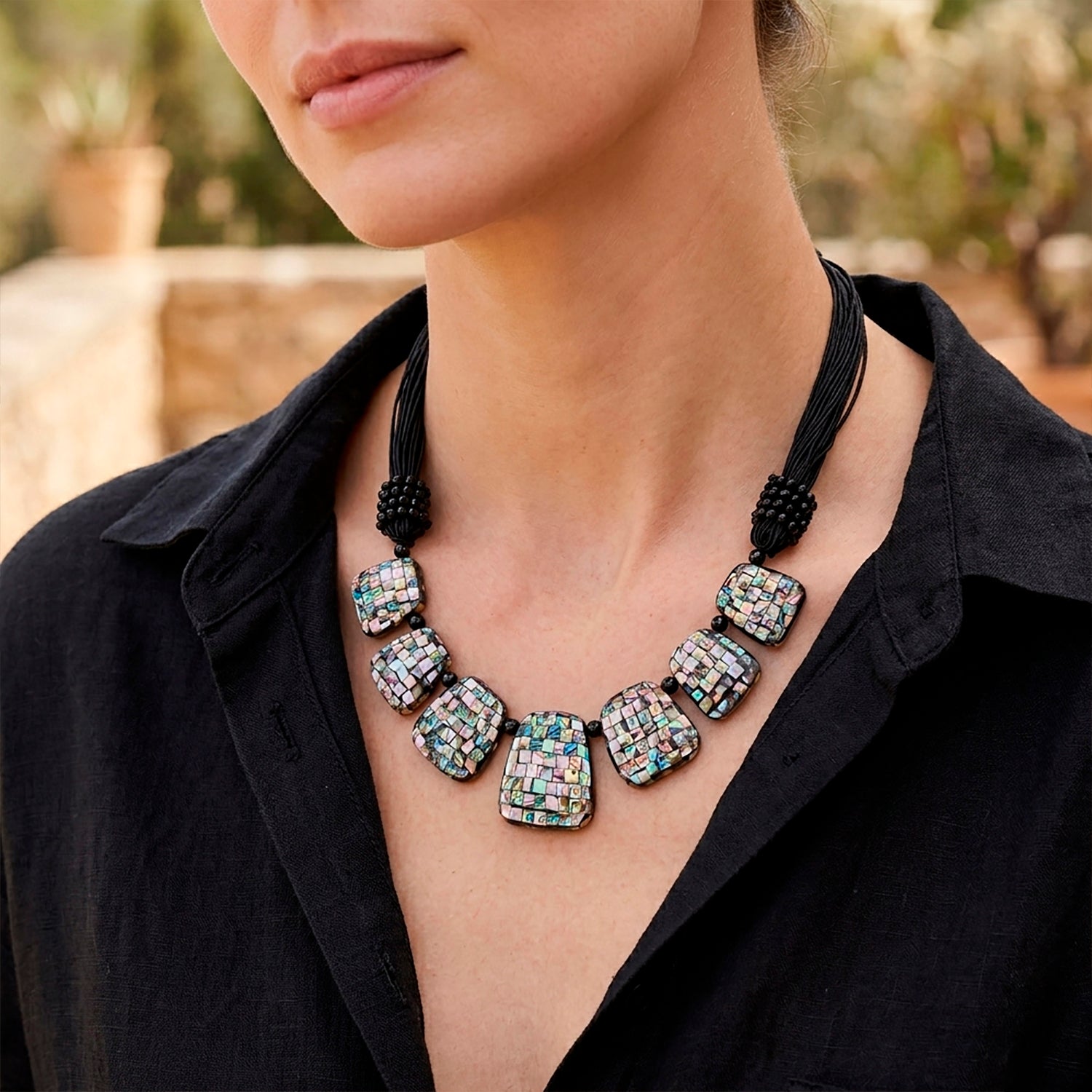 Schwarzer Achat, Abalone Muschel Halskette 50 cm ca. 24.01 ct