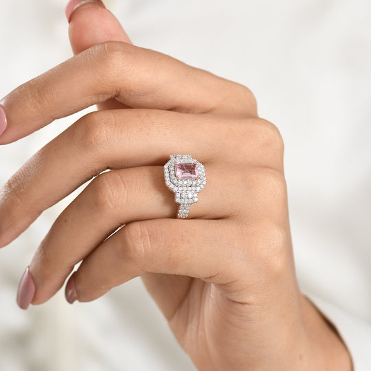 D'Joy AA Rosa Morganit, Moissanit AGI zertifiziert Ring 925 Silber 750 Roségold vermeil (Größe 19.00)  (10-16 Werktage Lieferzeit) ca. 1,84 ct