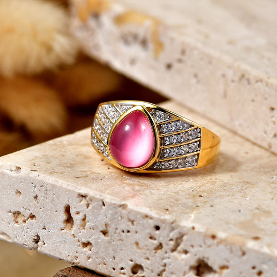 D'Joy Flamingo Mondstein, Weißer Zirkon Ring 925 Silber 750 Gelbgold vermeil (Größe 19.00) ca. 3,06 ct