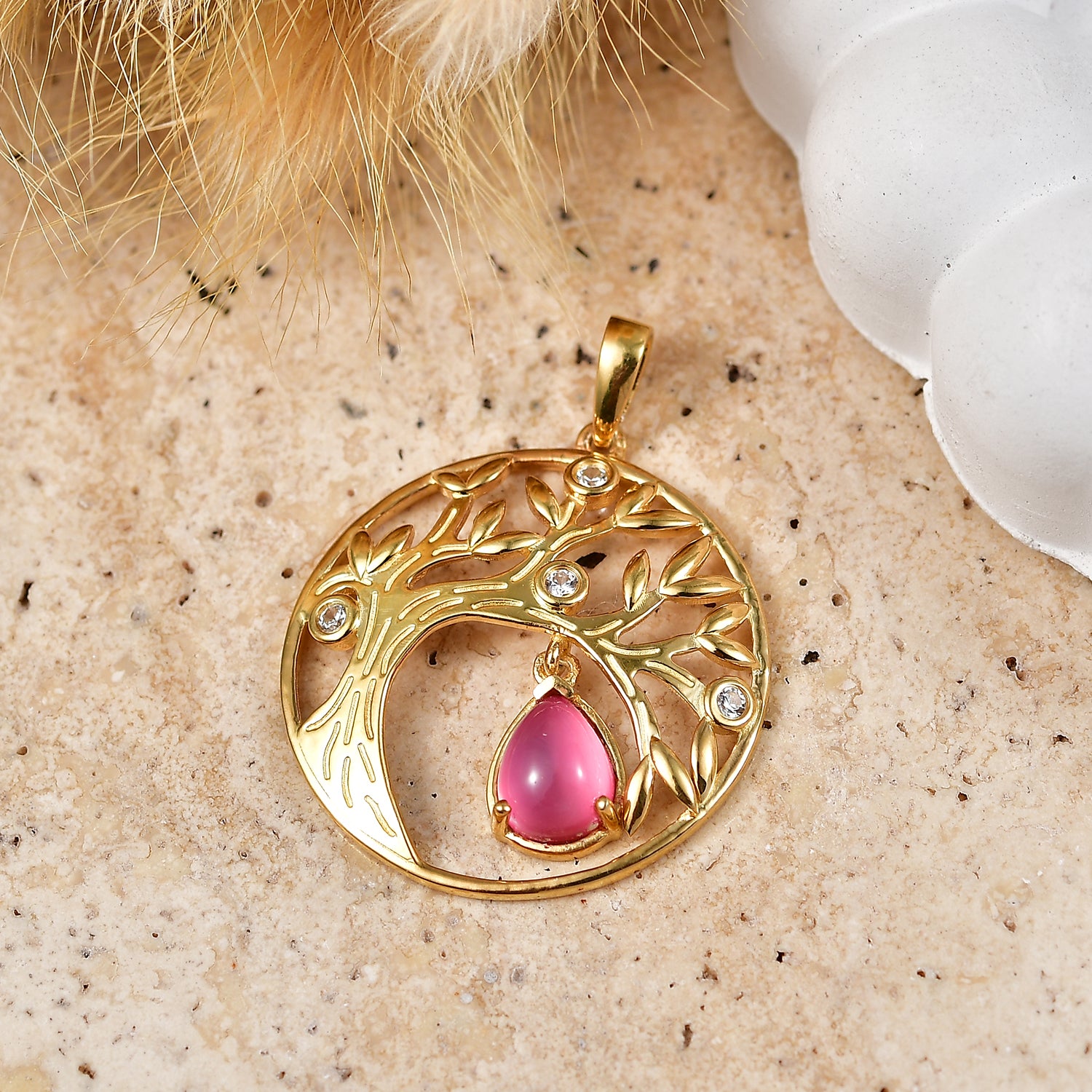 D'Joy Flamingo Mondstein, Weißer Zirkon Anhänger 925 Silber 750 Vergoldet ca. 1,41 ct.