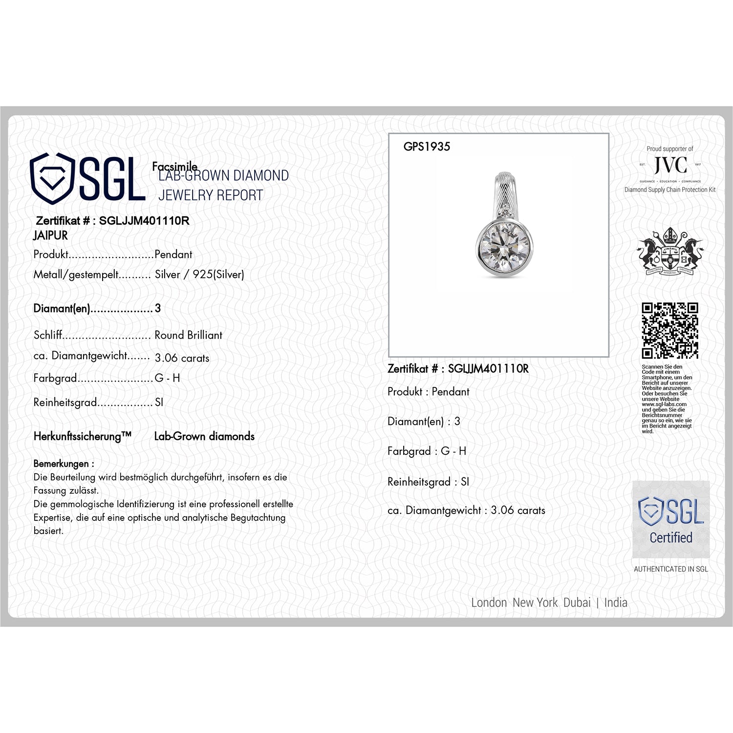 LUXURIANT DIAMOND - Lab Grown Diamant SI-GH Anhänger 925 Silber Rhodiniert (10-15 Werktage Lieferzeit) ca. 3,07 ct.