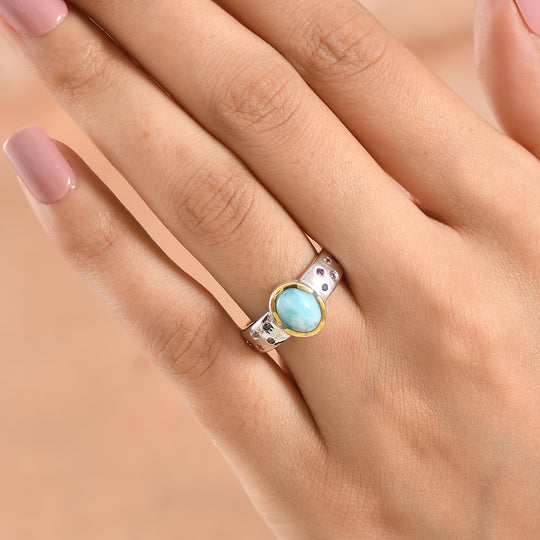 D'Joy Larimar, Mehrfarbig Saphir Ring 925 Silber Rhodiniert und 750 Gelbgold Vermeil (Größe 19.00) ca. 2,55 ct