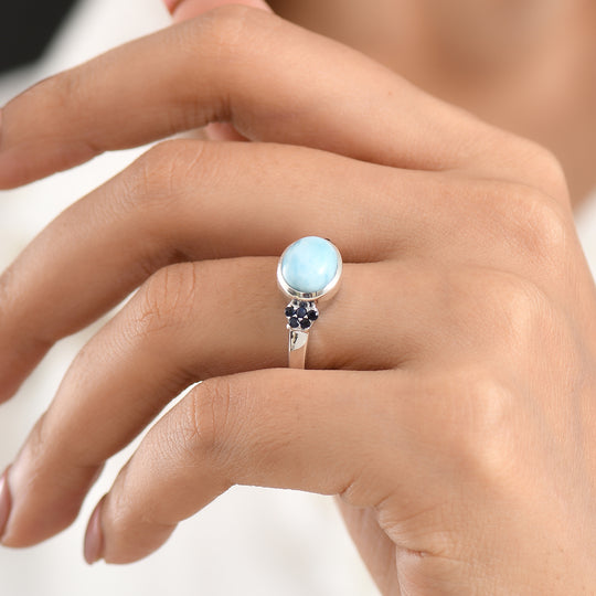 D'Joy Larimar, Blauer Saphir Ring 925 Silber Platiniert (Größe 20.00) ca. 3,31 ct
