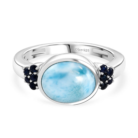 D'Joy Larimar, Blauer Saphir Ring 925 Silber Platiniert (Größe 20.00) ca. 3,31 ct