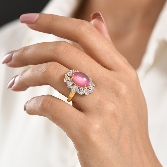 D'Joy Flamingo Mondstein, Weißer Zirkon Ring 925 Silber 750 Gelbgold vermeil (Größe 17.00) ca. 8,77 ct
