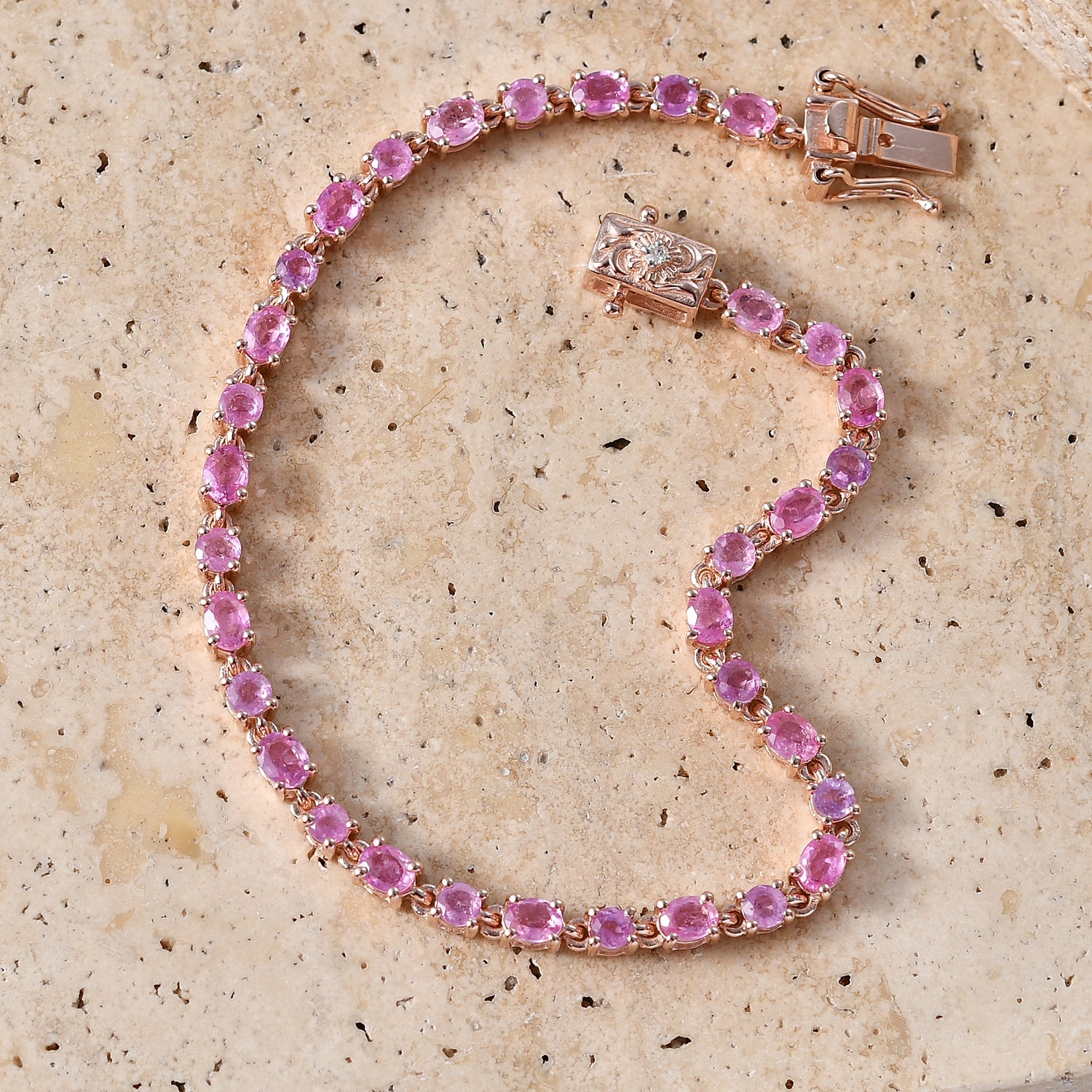 D'Joy Ilakaka Rosa Saphir (Fissure gefüllt), Weißer Diamant Armband ca. 19 cm 925 Silber 750 Roségold vermeil ca. 7,59 ct.