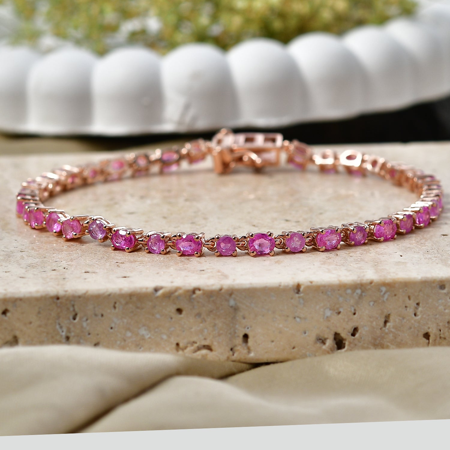 D'Joy Ilakaka Rosa Saphir (Fissure gefüllt) Armband ca. 20 cm 925 Silber 750 Roségold vermeil ca. 7,59 ct.