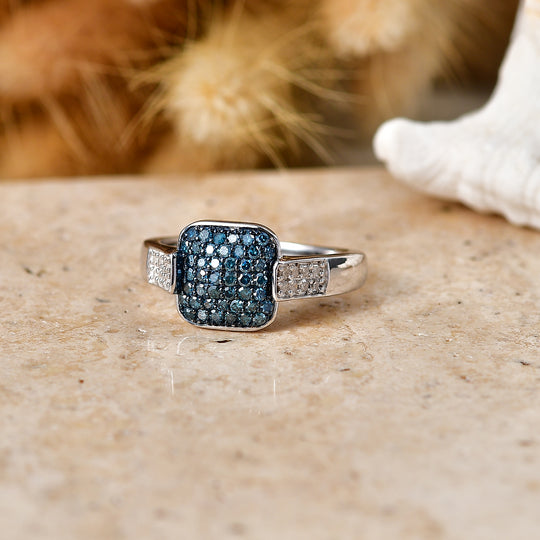 D'Joy Weißer Diamant, Blauer Diamant Ring 925 Silber Rhodiniert (Größe 21.00) ca. 0,48 ct