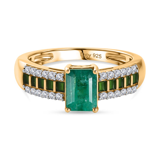 D'Joy AAA Kagem Sambischer Smaragd, Moissanit Ring 925 Silber 750 Gelbgold vermeil (Größe 20.00) ca. 1.15 ct