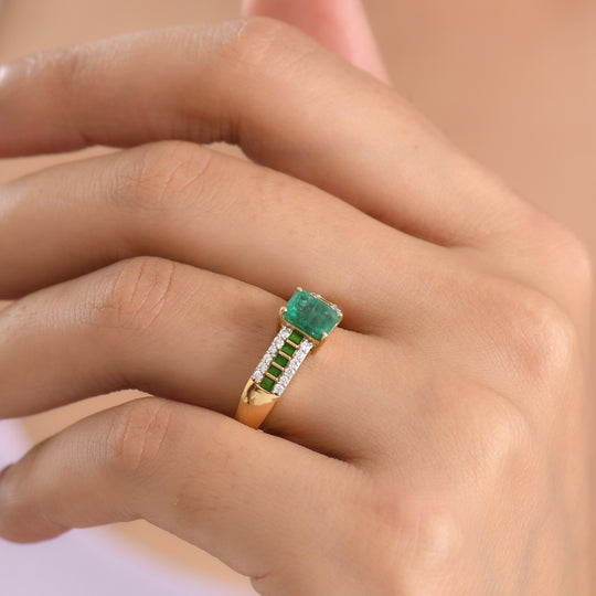 D'Joy AAA Kagem Sambischer Smaragd, Moissanit Ring 925 Silber 750 Gelbgold vermeil (Größe 20.00) ca. 1.15 ct