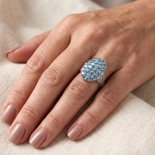 EverTrue himmelblauer Topas und Zirkon Cluster Cocktail Ring, Bronze mit Platin E-Bechichtung - 5,79 ct.