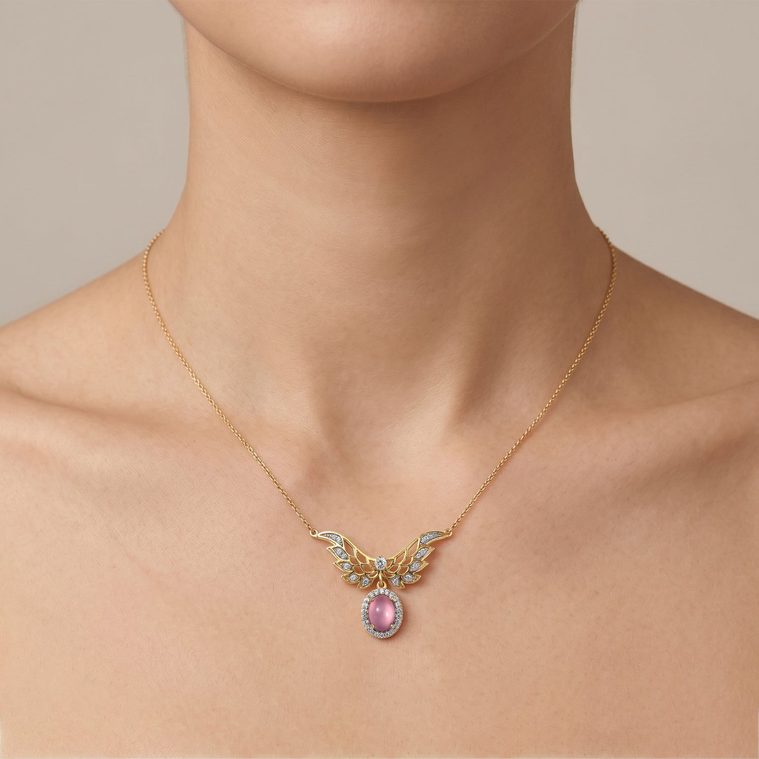 D'Joy Flamingo Mondstein, Weißer Zirkon Halskette ca. 45 cm 925 Silber 750 Gelbgold vermeil ca. 2,50 ct.