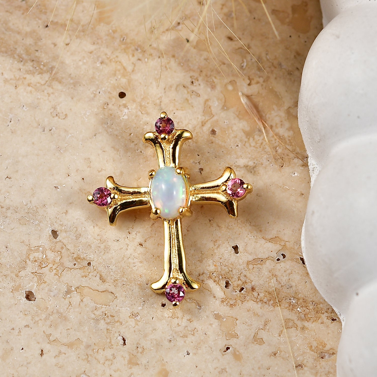 D'Joy AA Natürlicher, äthiopischer Welo Opal, Rosa Turmalin Anhänger 925 Silber 750 Vergoldet ca. 0.38 ct