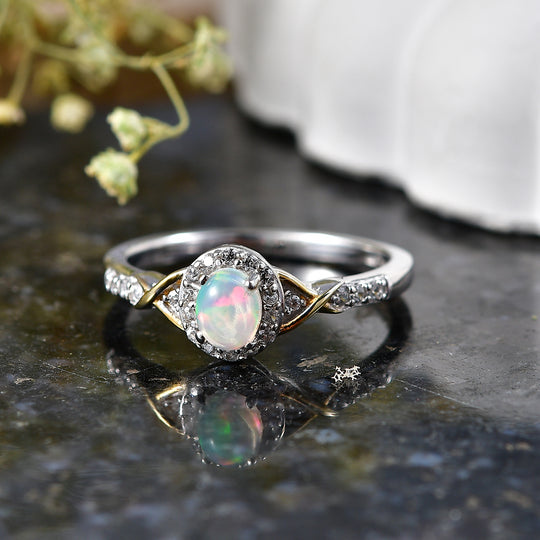D'Joy AA Natürlicher, äthiopischer Welo Opal, Weißer Zirkon Ring 925 Silber Platiniert und vergoldet (Größe 19.00) ca. 0,48 ct