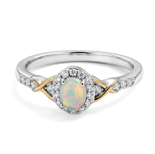 D'Joy AA Natürlicher, äthiopischer Welo Opal, Weißer Zirkon Ring 925 Silber Platiniert und vergoldet (Größe 19.00) ca. 0,48 ct