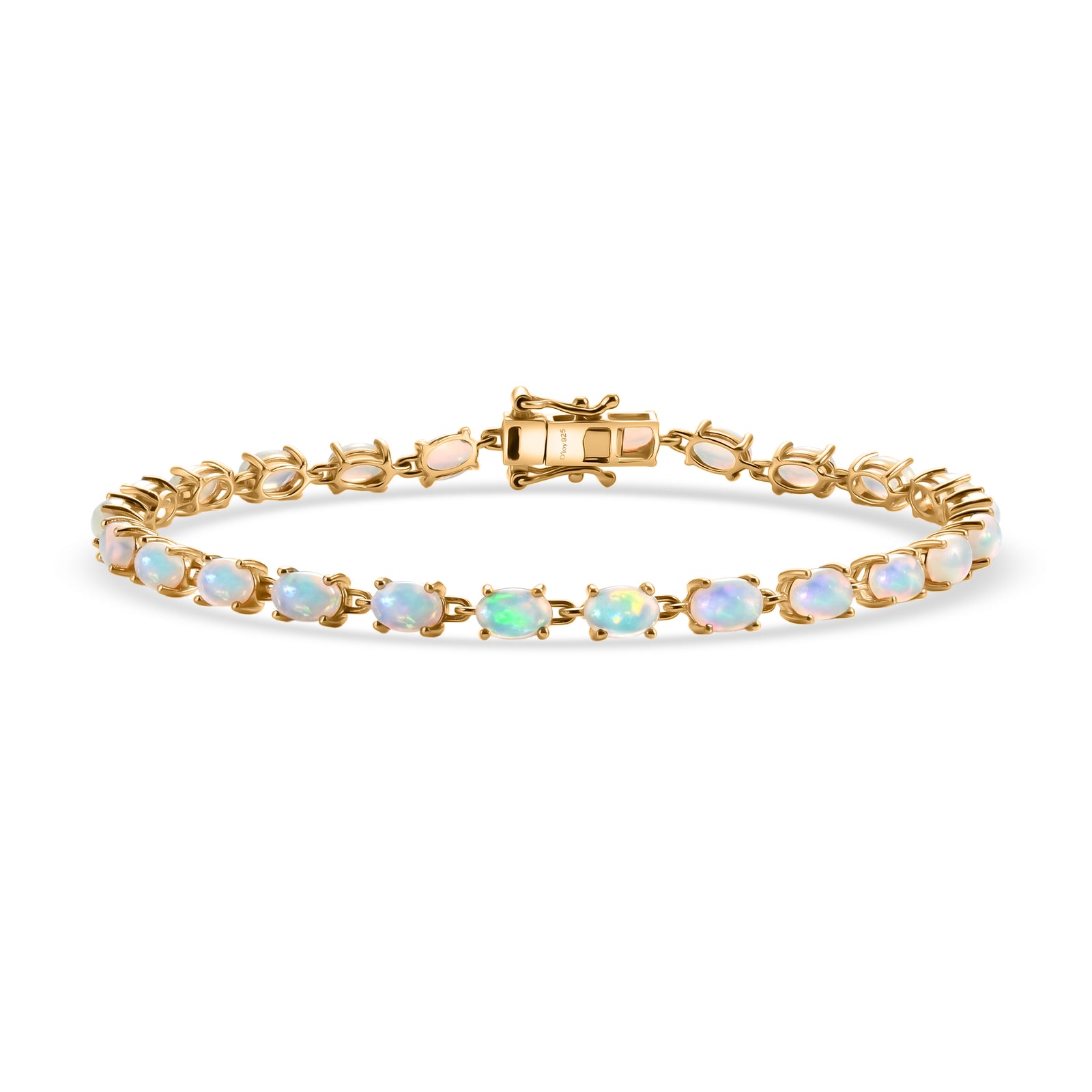 D'Joy AA Natürlicher, äthiopischer Welo Opal, Weißer Zirkon Armband ca. 20 cm 925 Silber 750 Gelbgold vermeil ca. 7,60 ct.