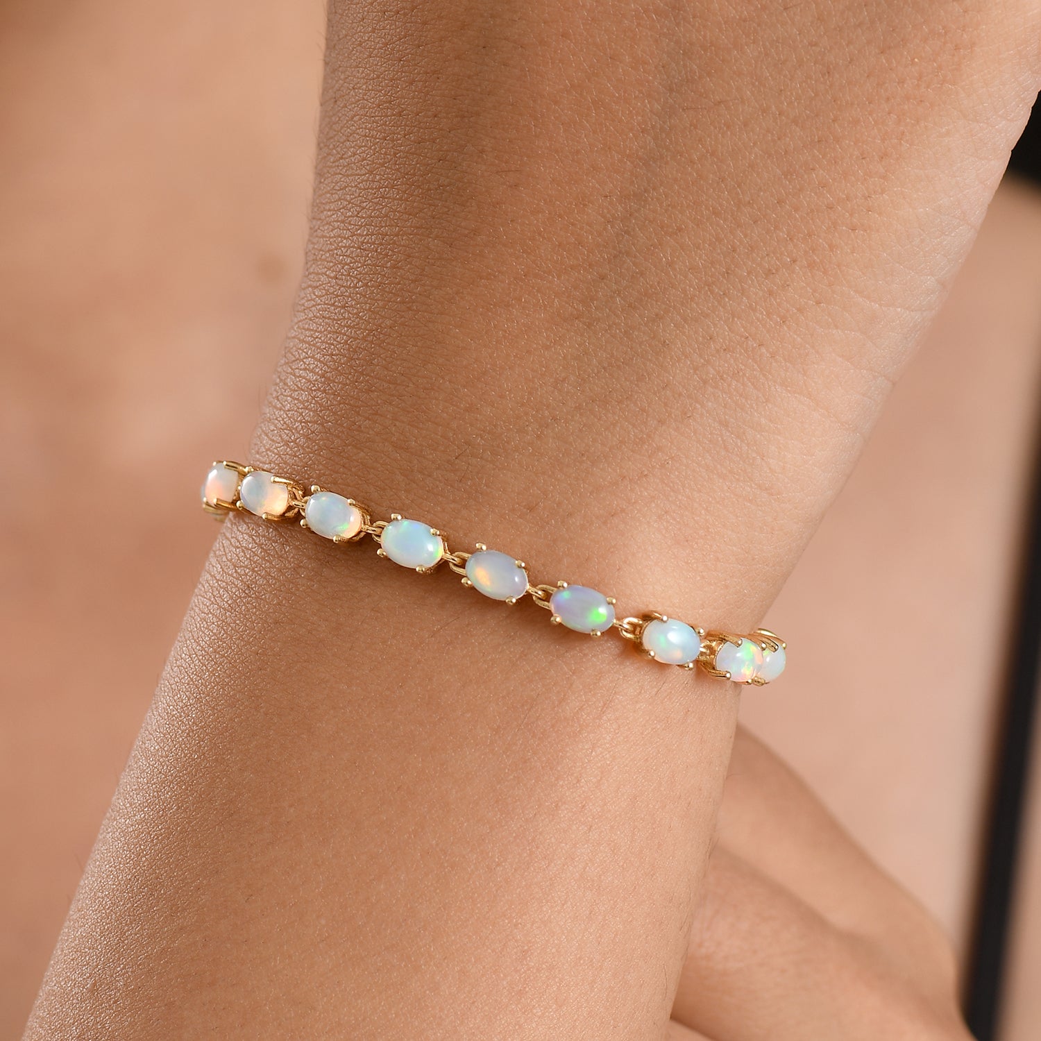 D'Joy AA Natürlicher, äthiopischer Welo Opal, Weißer Zirkon Armband ca. 20 cm 925 Silber 750 Gelbgold vermeil ca. 7,60 ct.