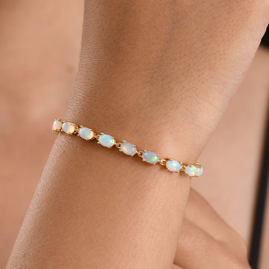 D'Joy AA Natürlicher, äthiopischer Welo Opal, Weißer Zirkon Armband ca. 20 cm 925 Silber 750 Gelbgold vermeil ca. 7,60 ct.