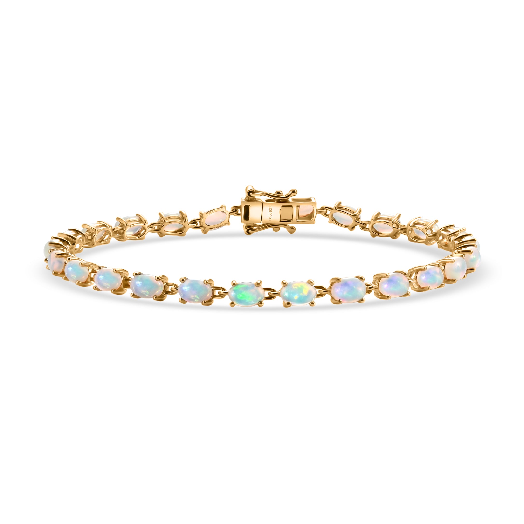D'Joy AA Natürlicher, äthiopischer Welo Opal, Weißer Zirkon Armband ca. 20 cm 925 Silber 750 Gelbgold vermeil ca. 7,60 ct.