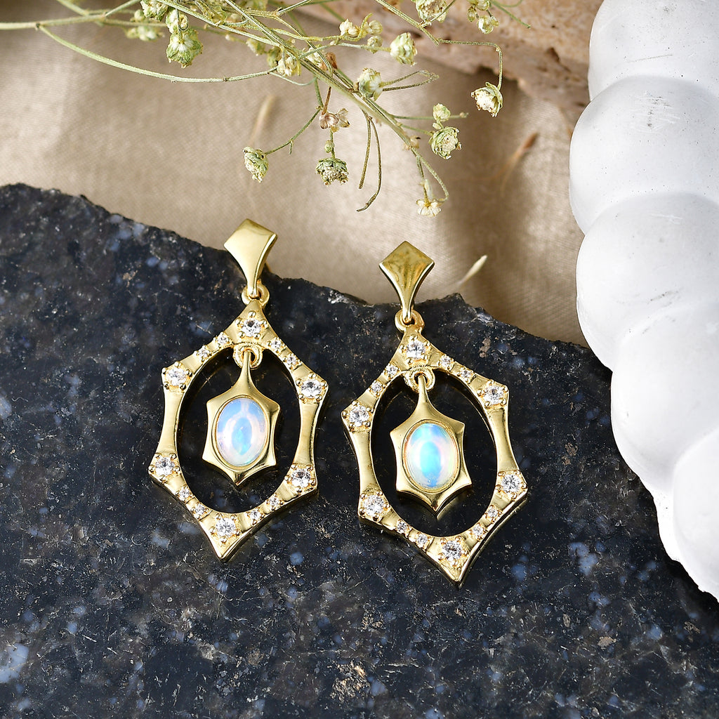 EVER TRUE AA Natürlicher, äthiopischer Welo Opal, Weißer Zirkon Ohrringe Reine Bronze ca. 1.75 ct