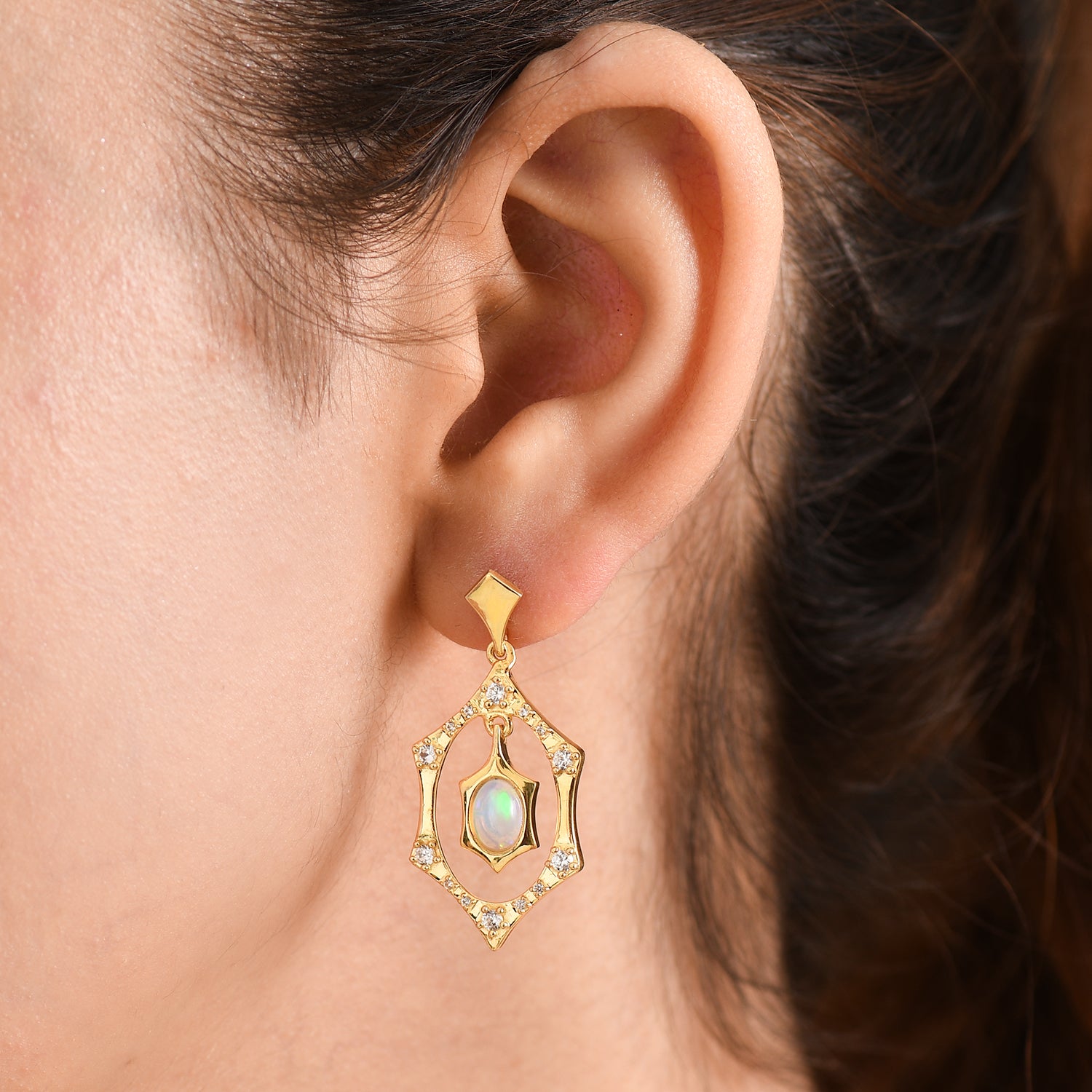 EVER TRUE AA Natürlicher, äthiopischer Welo Opal, Weißer Zirkon Ohrringe Reine Bronze ca. 1.75 ct
