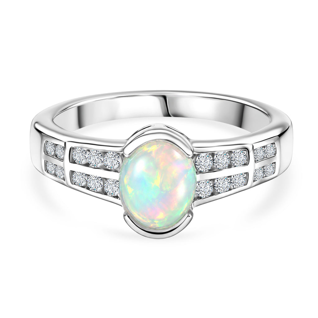 D'Joy AA Natürlicher, äthiopischer Welo Opal, Weißer Zirkon Ring 925 Silber Platiniert (Größe 17.00) ca. 1,21 ct