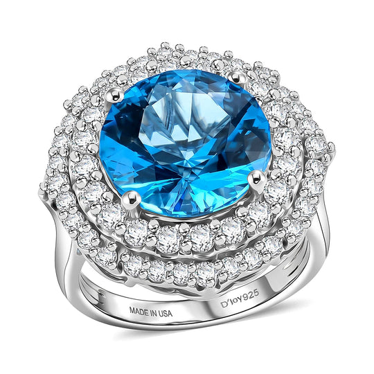 D'Joy AA Schweizer Blautopas, Moissanit AGI zertifiziert Ring 925 Silber Rhodiniert (Größe 19.00) ca. 7,82 ct