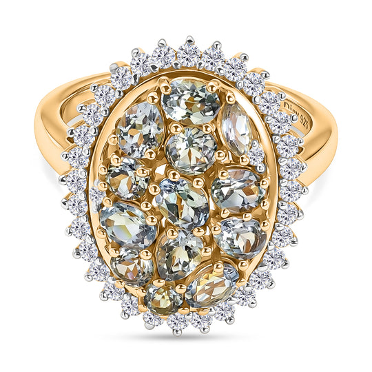 D'Joy Grüner Tansanit, Weißer Zirkon Ring 925 Silber 750 Gelbgold vermeil (Größe 17.00) ca. 2,83 ct
