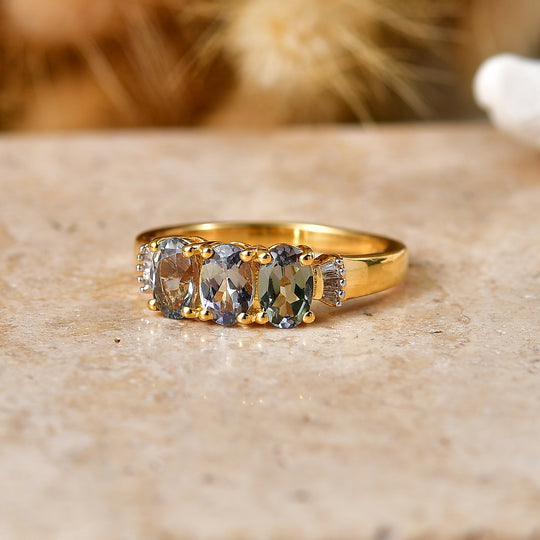 D'Joy Grüner Tansanit, Weißer Diamant Ring 925 Silber 750 Gelbgold vermeil (Größe 20.00) ca. 1,44 ct