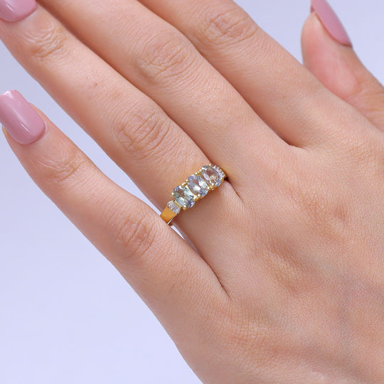 D'Joy Grüner Tansanit, Weißer Diamant Ring 925 Silber 750 Gelbgold vermeil (Größe 20.00) ca. 1,44 ct