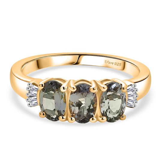 D'Joy Grüner Tansanit, Weißer Diamant Ring 925 Silber 750 Gelbgold vermeil (Größe 20.00) ca. 1,44 ct