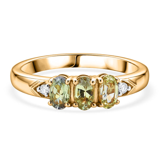 D'Joy Grüner Tansanit, Weißer Zirkon Ring 925 Silber Vergoldet (Größe 21.00) ca. 0,76 ct