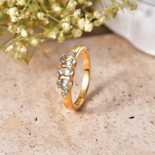 D'Joy Grüner Tansanit, Weißer Zirkon Ring 925 Silber Vergoldet (Größe 21.00) ca. 0,76 ct