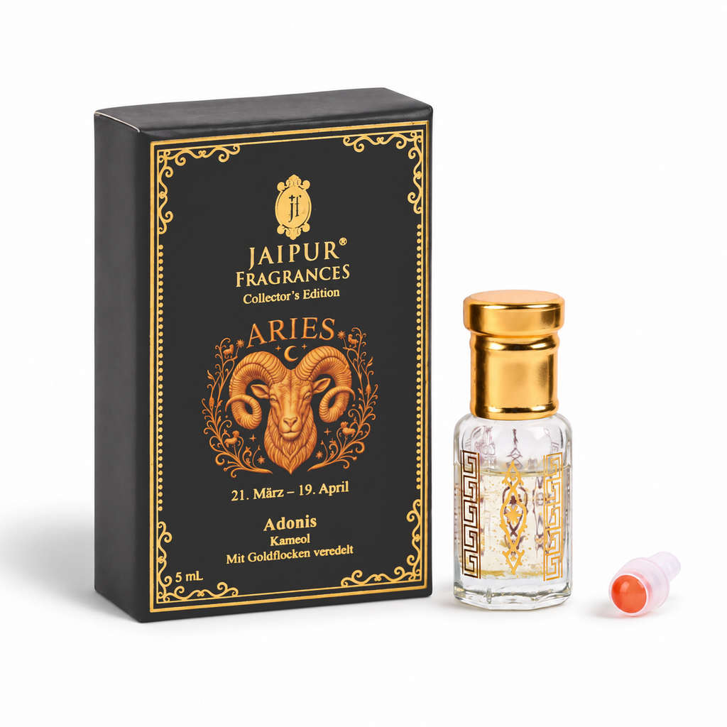 Aries ?  Jaipur Attar / Oil: Adonis Key Notes (Vibe): Rose • Frankincense • Patchouli • Cacao Recommended Stone / Crystal: Carnelian (courage & drive) With Gold Flakes