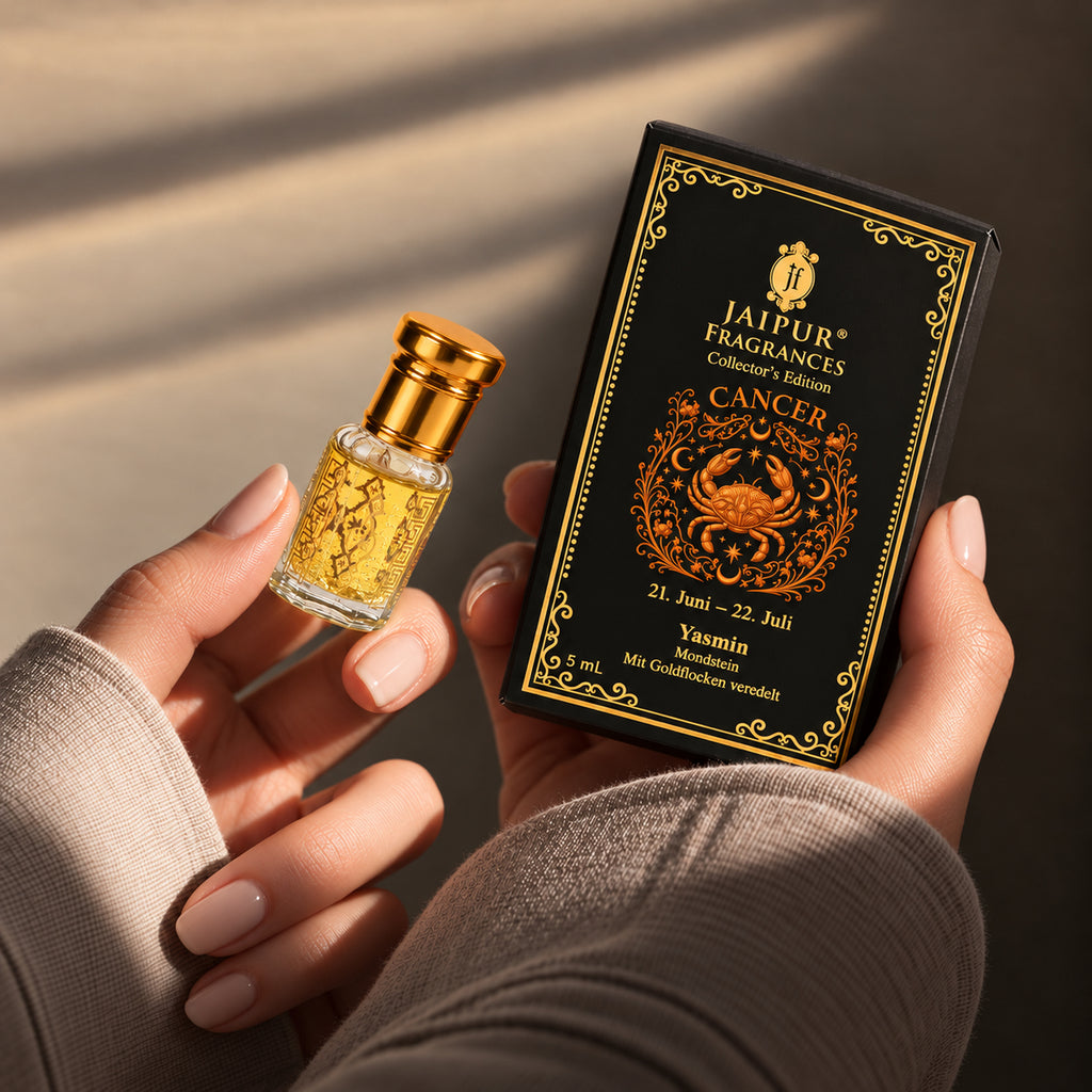 Cancer ?  Jaipur Attar / Oil: Yasmin Key Notes (Vibe): Jasmine Bloom • Soft Floral Sweetness Recommended Stone / Crystal: Moonstone (emotional balance) With Gold Flakes