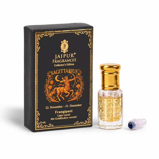 JAIPUR FRAGRANCES Collector's Edition Parfümöl Schütze (Sagittarius) - Frangipani, mit Goldflocken und Lapislazuli, 5ml