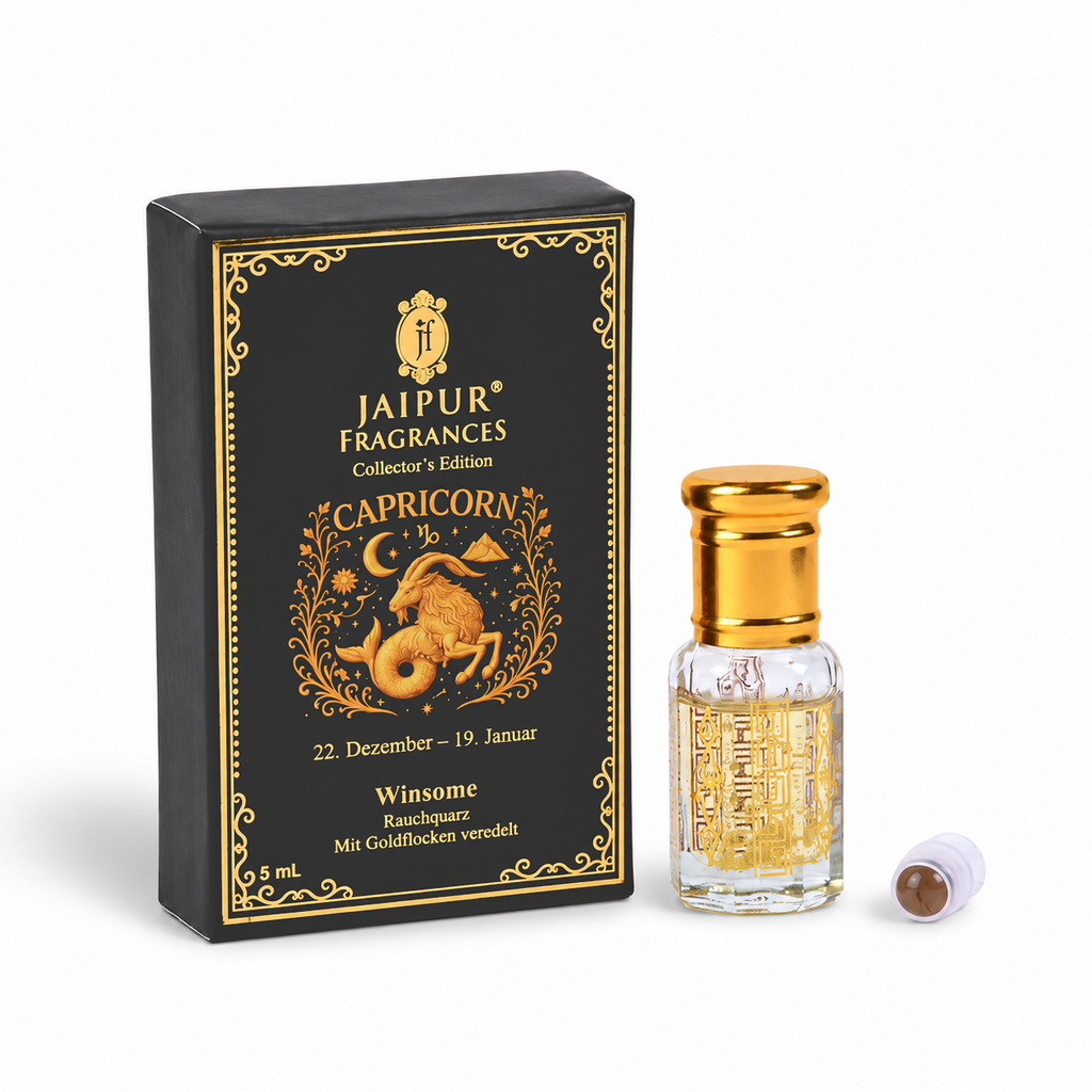 Capricorn ?  Jaipur Attar / Oil: Winsome Key Notes (Vibe): Earthy Woods • Sophisticated Warm Notes Recommended Stone / Crystal: Smoky Quartz (grounding strength) With Gold Flakes