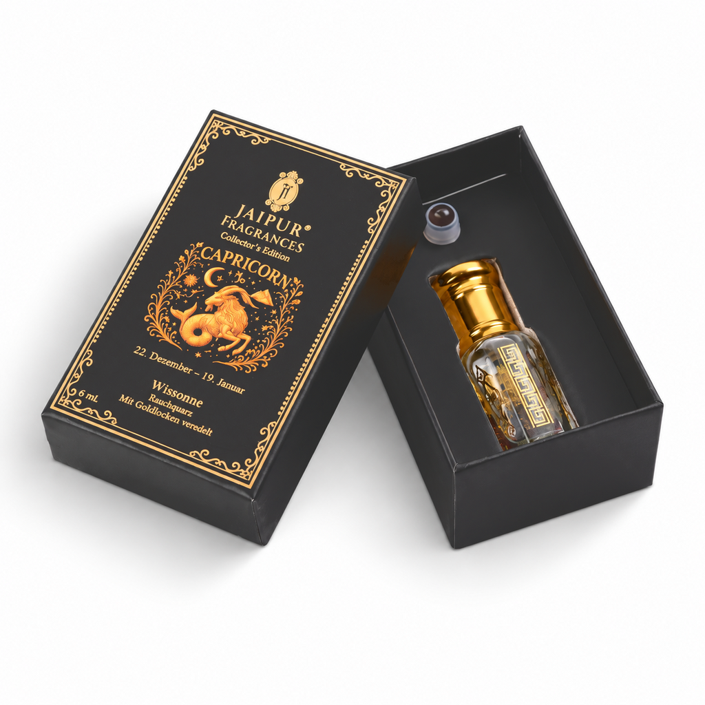 Capricorn ?  Jaipur Attar / Oil: Winsome Key Notes (Vibe): Earthy Woods • Sophisticated Warm Notes Recommended Stone / Crystal: Smoky Quartz (grounding strength) With Gold Flakes